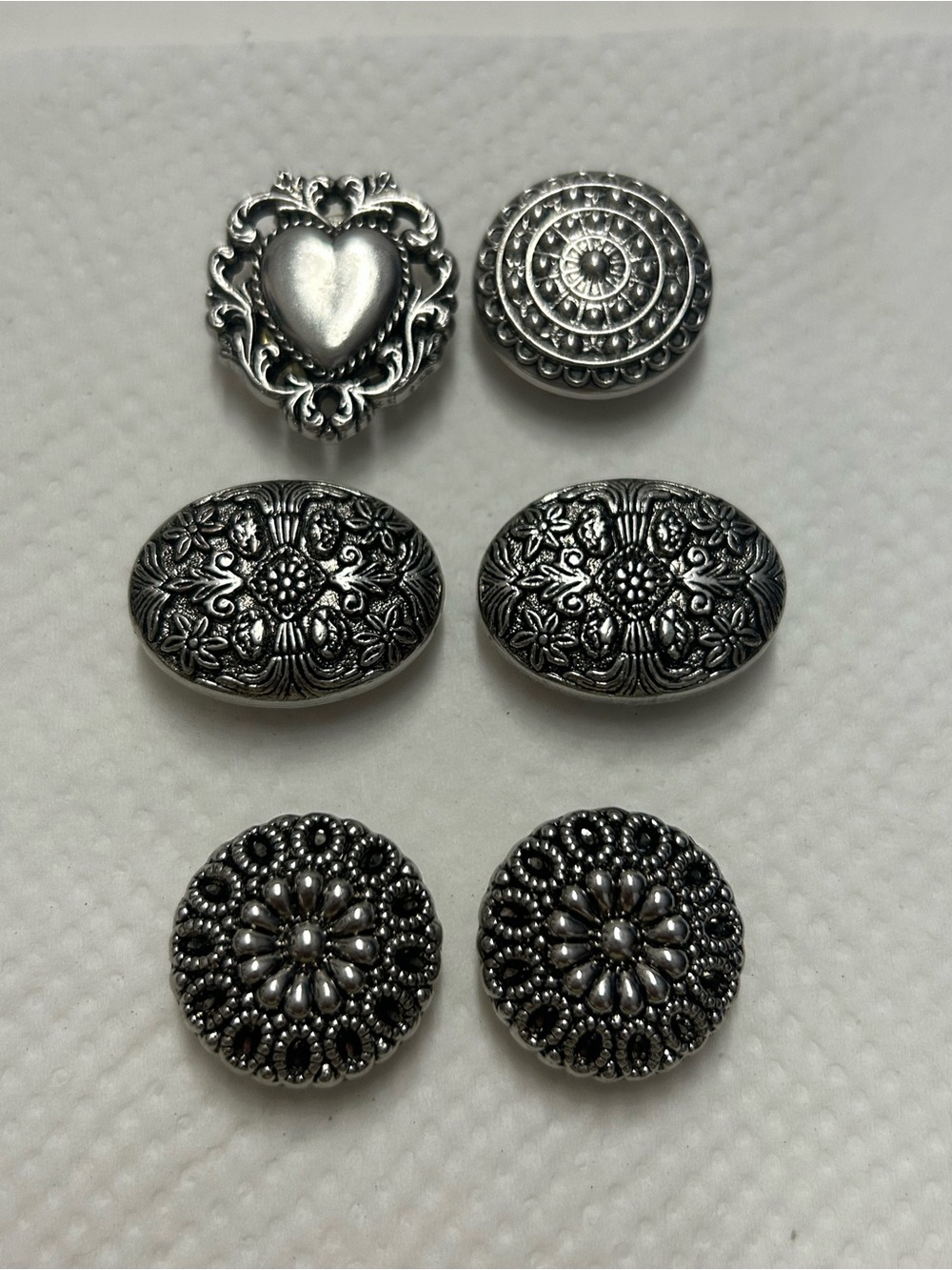 Vintage Silver Tone Embellished Button Covers Set of 6 Heart Floral Mandala